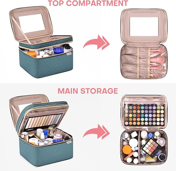 HXLGMD Large Makeup Bag with Mirror Double Layer Travel Make Up Organizer Case, Large Capacity Coemetic with Brush Slot Divider, Travel Toiletry Bag for Women (Lake Blue)