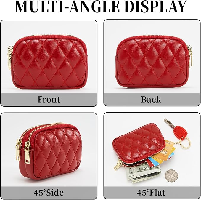 WOZEAH Leather Coin Purse for Women Small 2 Zipper Change Wallet with Key Ring Card Key Coin Cash Holder Pouch(Quilted Red)