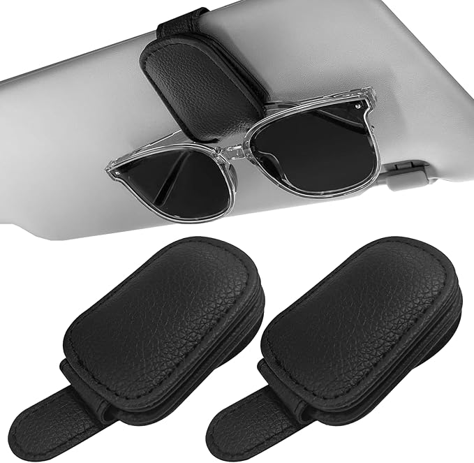 Sunglass Holder for Car Visor, Magnetic Leather Sunglasses Holder and Ticket Card Clip for Car