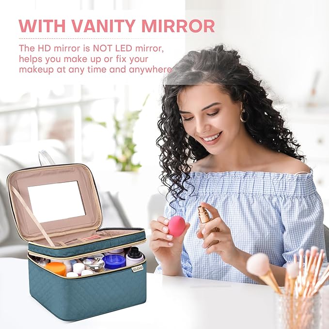 HXLGMD Large Makeup Bag with Mirror Double Layer Travel Make Up Organizer Case, Large Capacity Coemetic with Brush Slot Divider, Travel Toiletry Bag for Women (Lake Blue)