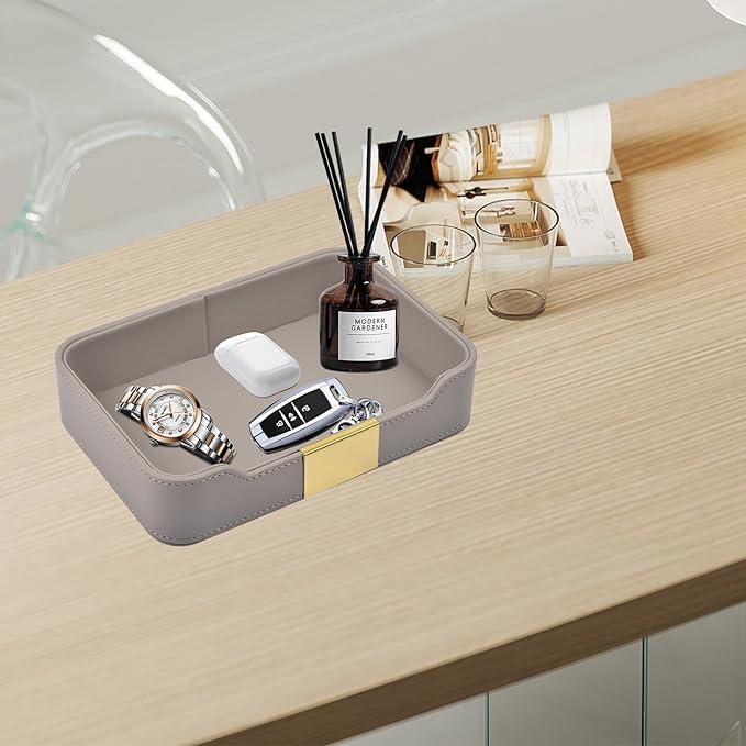 Luxury Leather Valet Tray Desktop Storage Organizer,Bedside Vanity Catchall Tray Nightstand Caddy Holder for Cosmetic,Jewelry,Watch,Keys,Phone,Wallet,Remote Controller,Pen,Gray