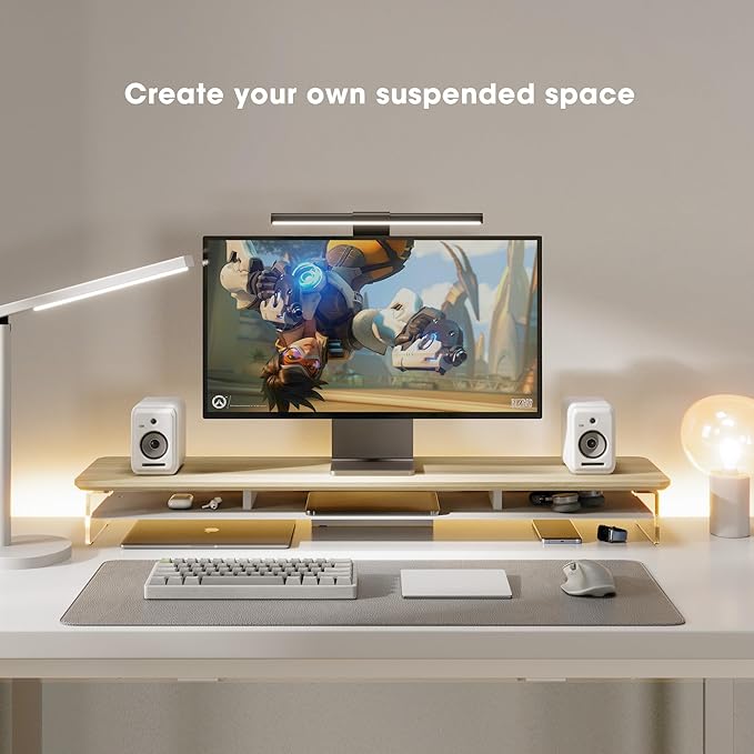 Fenge Acrylic Monitor Stand, 42.5 Inch Clear Dual Monitor Riser with Metal Storage, 2 Tier Computer Riser with LED Lights for Desk, Laptop, Printer, TV