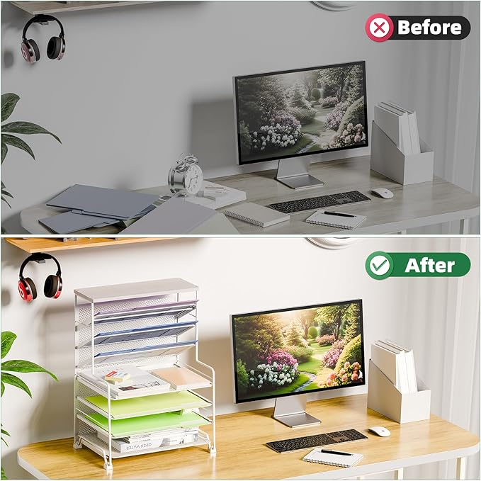 Simple Trending 7 Tier Desk File Organizer, Letter Tray Paper Organizer, Mesh Desk Accessories File Folder for Office, Home or School, White