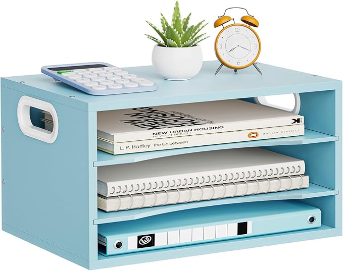 Marbrasse 3-Tier Wood Desk Organizer, Paper Letter Tray Organizer for Desk, Wooden Desktop File Organizer with Handle and Paper Sorter Mail Holder for Office School & Home Supplies Organization-Blue