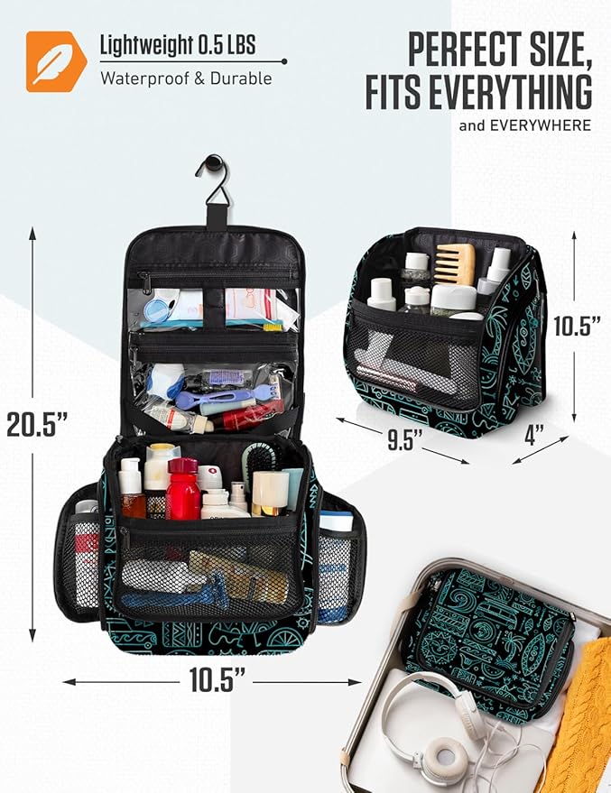 VENTURE 4TH Hanging Travel Toiletry Bag for Women & Men – Large Toiletry Organizer with 17 Compartments, Removable TSA Pouch, Travel Wash Bag for Toiletries, Makeup & Shaving Kit (Surfing Vibes)