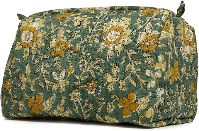 Cotton Hand Block Floral Print Toiletry Bag For Women Make Up Cosmetic Bag Jewelry Organizer Kit Storage Bag Case Travel Accessories Essentials Toiletries Purse Open Pouch, Green (9.25"x 6.88"x 4.5")