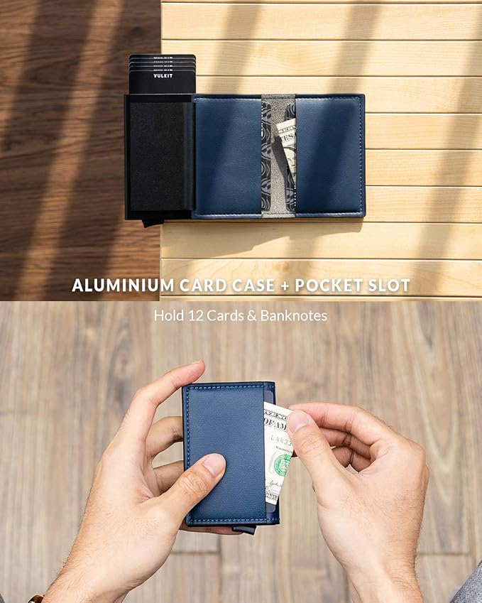 VULKIT Credit Card Holder RFID Blocking Leather Automatic Pop Up Wallet Aluminum Pocket Business Card Case