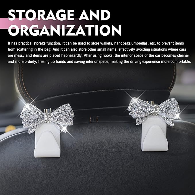 2 PCS Bling Bow Car Headrest Hook, Diamond Sparkling Invisible Seat Headrest Hooks, Vehicle Storage Organizer with Butterfly Bow Vent Clip for Purses, Bags, Groceries (White)