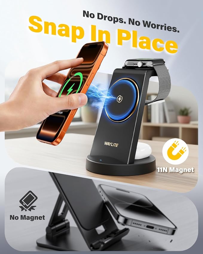 3 in 1 Fast Charging Station for iPhone, 25W Wireless Magnetic Phone Charger for iPhone 17 16e 16 15 14 13 12 Serise, Watch Charger Stand, Wireless Charging Station for AirPods 4 3 Pro, Black