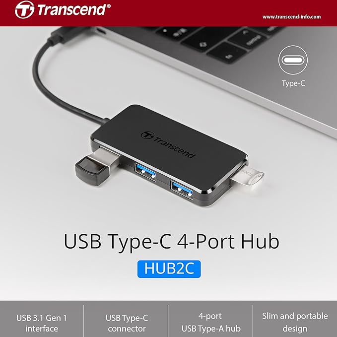 Transcend USB C Hub for iPhone17,16,15/MacBook Pro, Air/iPad Pro/iMac/Windows/Android/Tablet/Desktop/Laptop/Flash Drive, 4-Port HUB with Type C, 4-Port USB3.1 GEN1 (USB 5Gbps) - TS-HUB2C