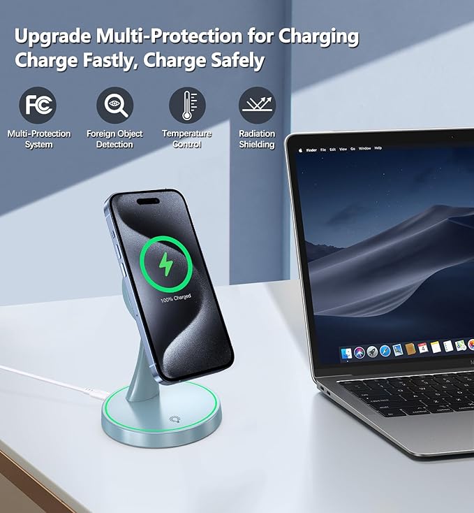 Magnetic Wireless Charger Stand 15W Fast Magnetic Charger for iPhone 17 /17 pro/ 17 Air/ 17 pro max 16/15/14/13/12 Series Magnet Wireless Charging Station/Pad with Sleep-Friendly Light for AirPods