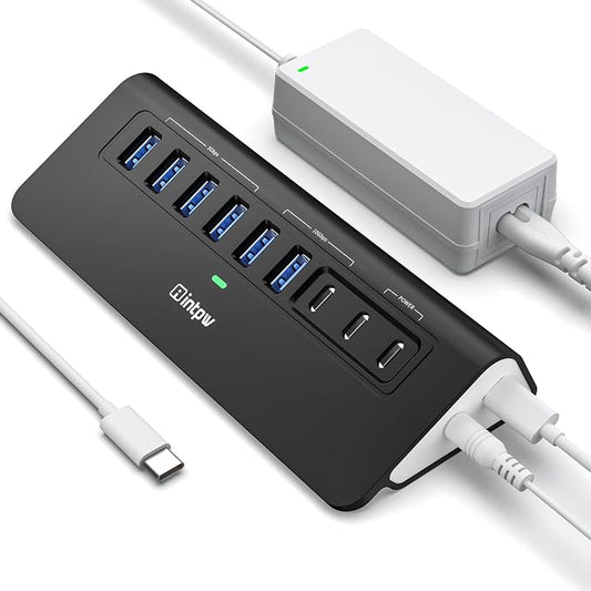 Powered USB Hub 10Gbps,intpw YH6AC 9-Port USB Splitter with USB A/USB C 3.2, 4 USB 3.0, 2 PD 45W Charging Ports, 65W Power Adapter and 3.3FT Cable, Aluminum Black USB Hub for Laptop/PC,iPhone 16/15