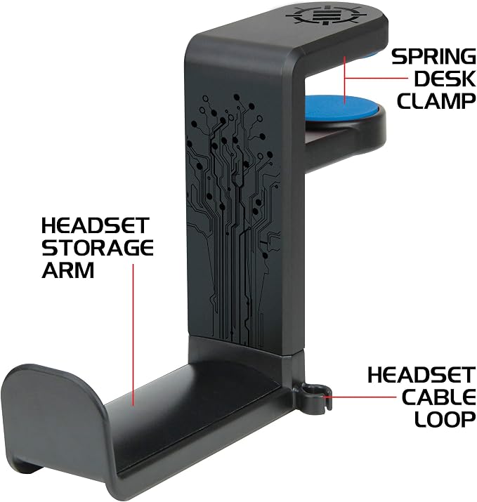 ENHANCE PC Gaming Headphone Holder - Desk Headphone Hanger Esports Headset Holder with Adjustable 360 Rotation, Under Desk Hook Clamp, Universal Fit - Built in Cable Clip Organizer - Black
