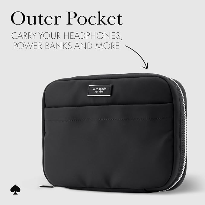 kate spade new york Nylon Tech Organizer Pouch - Electronics Cable Cord Organizer, Travel Case for Chargers, Power Bank, AirPods, and Accessories - Signature Black
