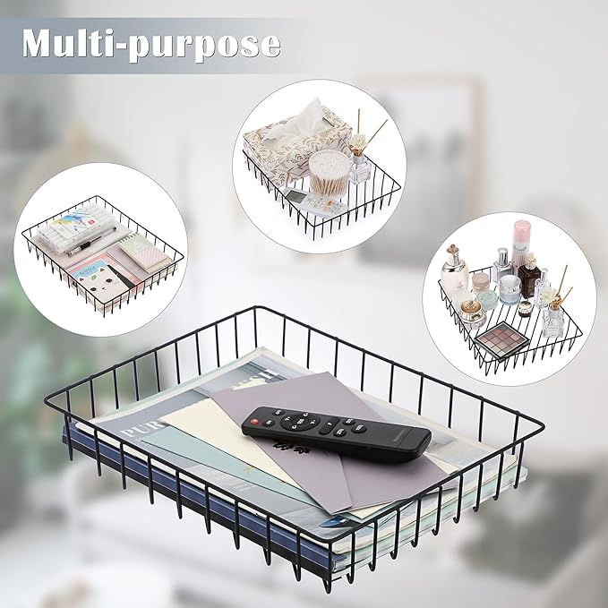 BTSKY Multipurpose A4 File Tray Wire Desk Organizer - Elegant Letter Size Documents Storage Basket for Office, Cosmetics, Bathroom (Black)
