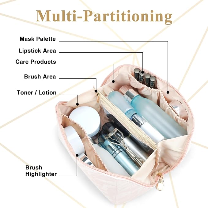 Cosmetic Bag,Travel Makeup Bag, Large Capacity Cosmetic Bags for Women, Waterproof Portable Open Flat Toiletry Bags,Makeup Organizer Bag with Divider and Handle, Cosmetic Pouch Gifts for Women (Pink)
