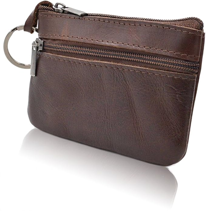 Freezx Women Genuine Leather Coin Pouch Zip Mini Purse Wallet Key Chain Double Zipper