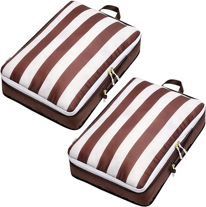 Extra Large Compression Packing Cubes for Checked Luggage, Lightweight Suitcase Organizers & Space Saver Bags - Travel Cubes for Packing - 2pc Set, X-Large - Brown Cabana Stripe
