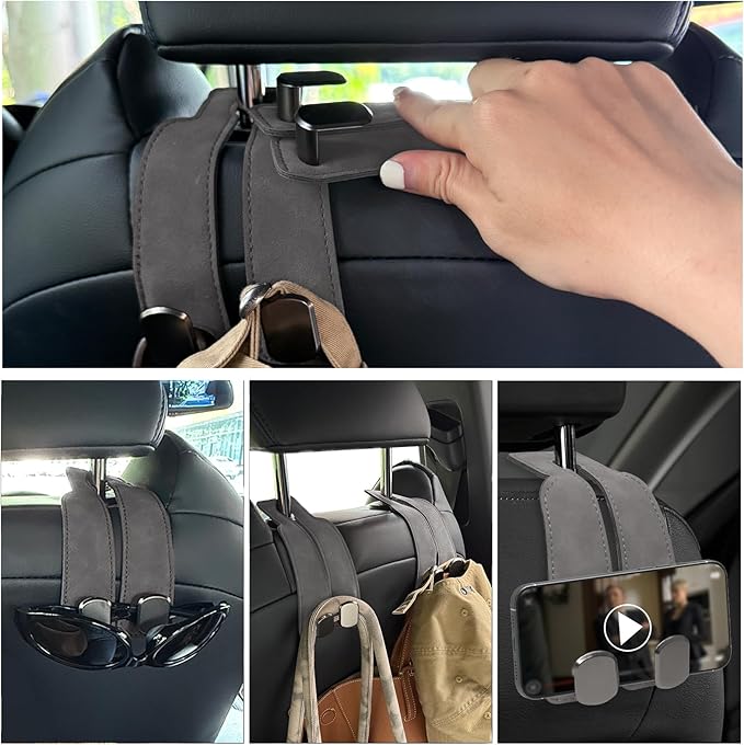 Travel Depot Headrest Hooks for Car, Purse Hook for Car, Premium Leather Twin Hook Car Seat Hooks, Double Hook Seat Back Storage Organizer for Purses, Bags, SUV, Truck, Vehicle, 2 Pack, Grey
