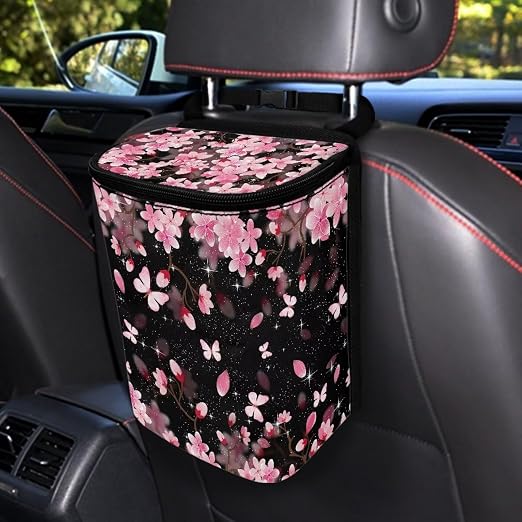 Biyejit Car Trash Can with Lid Collapsible Reusable Waterproof Car Garage Bag, Automotive Garbage Can, Car Accessories Interior Car Organizer with Adjustable Straps, Cherry Blossom Butterfly