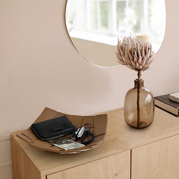 Valet Tray PU Leather Key Bowl for Men Women Entryway Table Nightstand Catchall EDC Dump Tray for Wallet, Keys, Jewelry Men's Gift - Coffee & White, 9.8" L x 9.8" W x 2" H