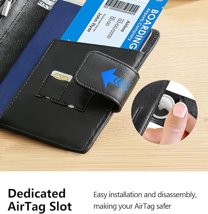 Passport Holder Cover Wallet with AirTag Slot - RFID Blocking Travel Wallet Organizer for Men, Premium PU Leather Case with SIM Card Slots, Pen Loop & Zipper Pocket for International Travel Essentials