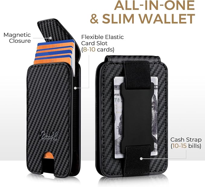 Zitahli Slim Wallet for Men Front Pocket – Thin Minimalist Credit Card Holder with Magnetic Closure & Elastic Cash Strap, RFID Blocking Wallet Holds up to 10 Cards & 15 Bills