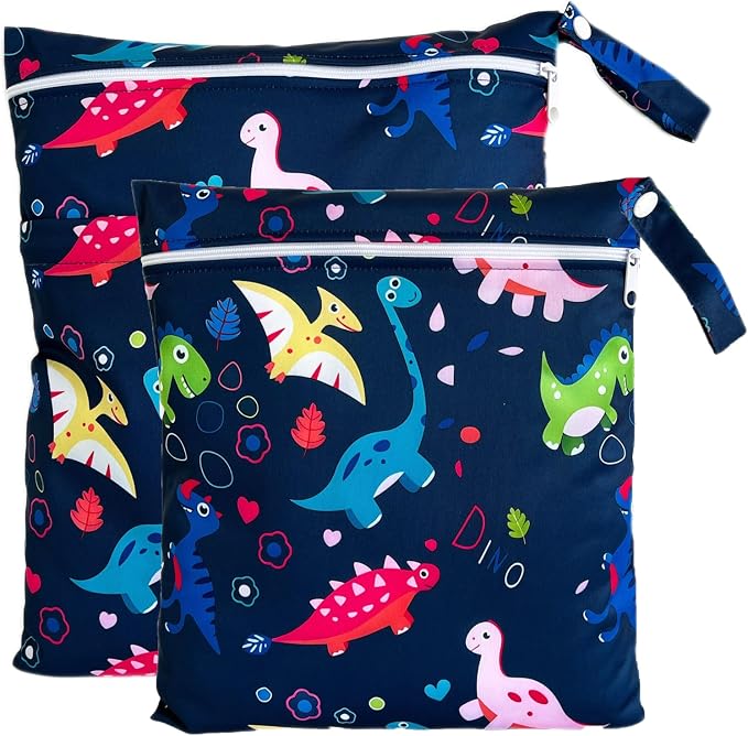 Wet Dry Bag for Cloth Diapers, 2PCS Waterproof Reusable Wet Bag with Zippered Pockets, Washable, Reusable for Travel, Beach, Pool, Stroller, Diapers, Dirty Gym Clothes, Swimsuits, 14x12In & 12x11In