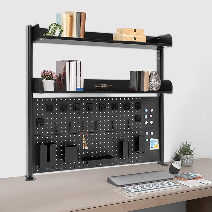 Clamp-On Pegboard Desk Organizer, 2-Tier Clamp On Desk Shelf with Hooks, Office Accessory Organizer for Books, Office Supplies & DIY Storage, 16.5lbs Capacity, 39.37" x 37.4", Black