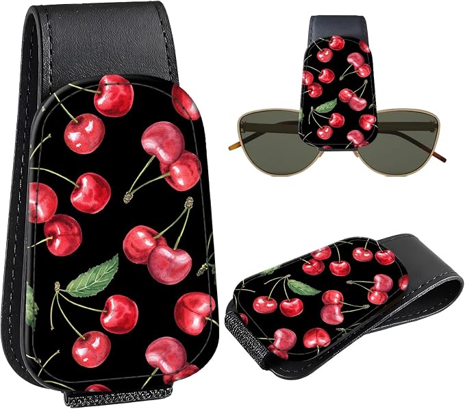 Leather Magnetic Sunglass Holder for Car Sun Visor, Cute Eyeglass Ticket Card Hanger Clip, Universal Auto Interior Accessories for SUV Pickup Truck, Cherry Pattern