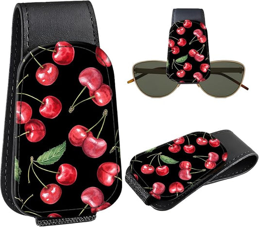 Leather Magnetic Sunglass Holder for Car Sun Visor, Cute Eyeglass Ticket Card Hanger Clip, Universal Auto Interior Accessories for SUV Pickup Truck, Cherry Pattern