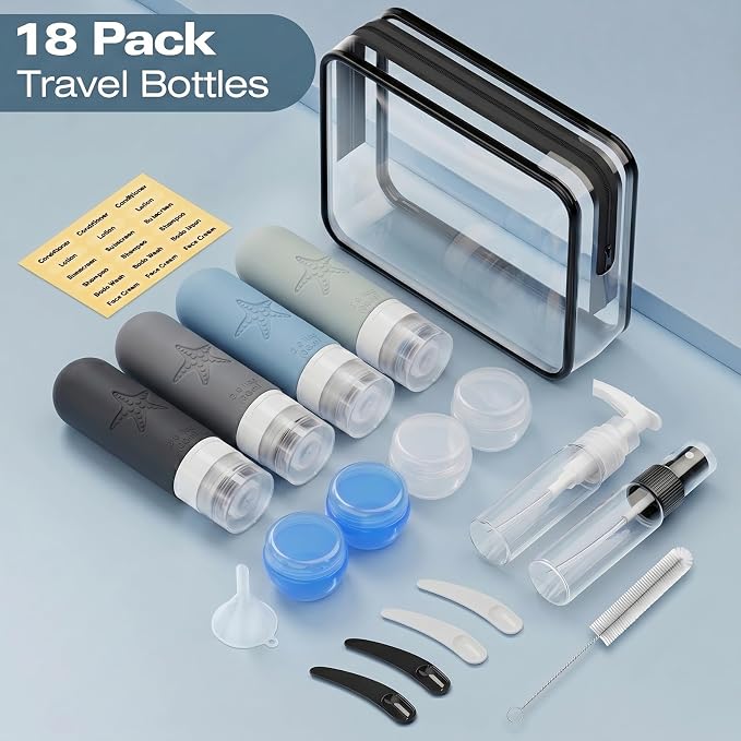 18 Pack Travel Bottles for Toiletries - TSA Approved, Triple Leak Proof Silicone Set, 3oz Refillable Travel Essentials Kit for Shampoo, Conditioner, Lotion & More, Gray, BPA Free
