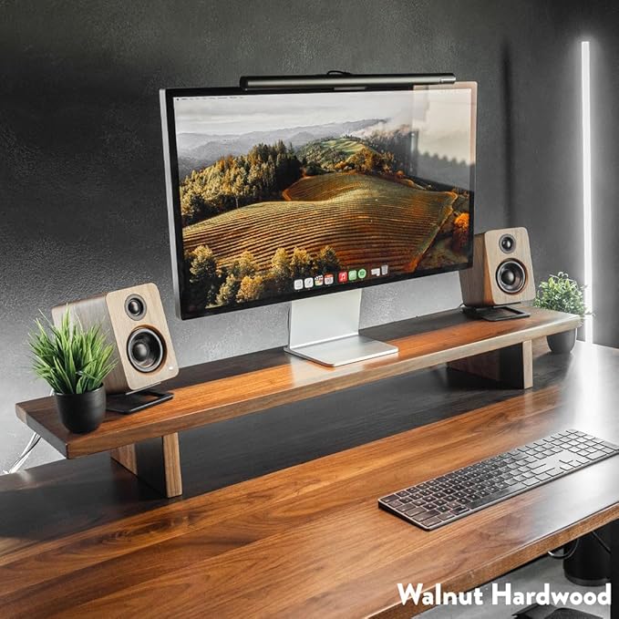 Desky Minimal Monitor Stand – Ergonomic Wood Riser for Single or Dual Monitors, Desk Shelf Organizer to Elevate Screen Height – Natural Walnut Hardwood