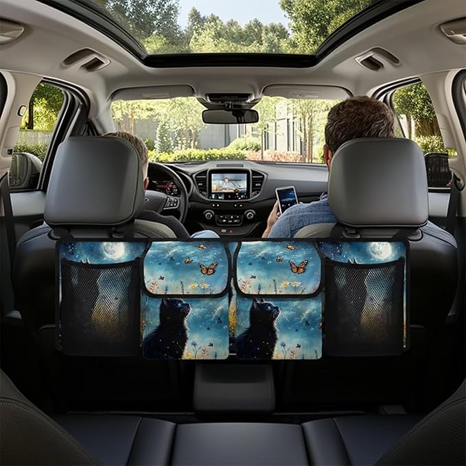Black Cat Print Car Trunk Organizer Hanging Car Backseat Storage Bag Waterproof Collapsible Cargo Bag with 4 Pouches Universal Automotive Interior Accessories