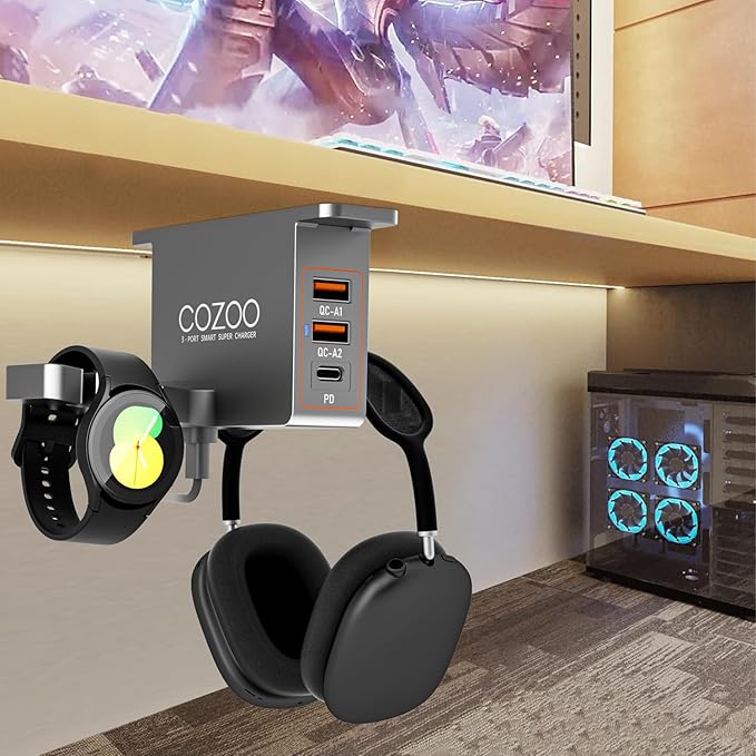 cozoo Metal Grey Under Desk Headphone Stand with 3 USB Charging Ports (PD & QC3.0), Dual Headset Hanger & Watch Hook,Gaming Accessories for Desk, Gifts for Men, Gamers, Teen Boys & Boyfriend