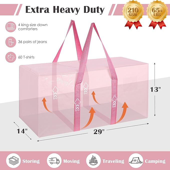6 Pack Moving Bags with Full-Open Side Zipper, Extra Large 93L Heavy Duty Waterproof Foldable Storage Totes for College Dorm, Moving & Home Organization Pink