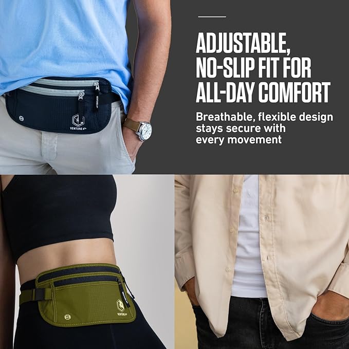 VENTURE 4TH Money Belt for Travel – Hidden Under-Clothes RFID Blocking Passport Holder & Slim Travel Wallet Pouch for Men & Women to Protect Cash, Cards & Documents (Pure Black)