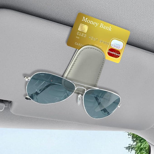 Sunglass Holder for Car, Sunglasses Clip for Car Visor, Magnetic Leather Vehicle Eyeglass Hanger Clip, Auto Ticket Card Glasses Organizer Clamp Accessories for SUV Sedan (Light Beige)