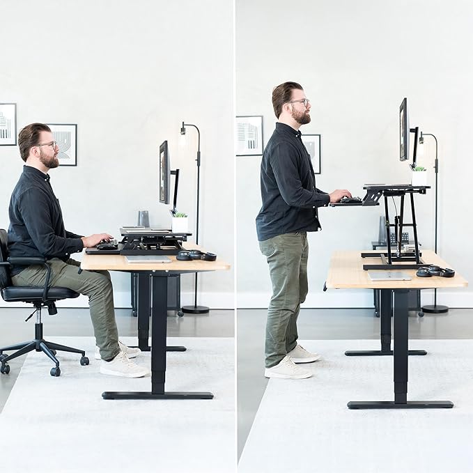 VIVO Height Adjustable 32 inch Stand Up Desk Converter, Quick Sit to Stand Tabletop Dual Monitor Riser Workstation, Black, DESK-V000S