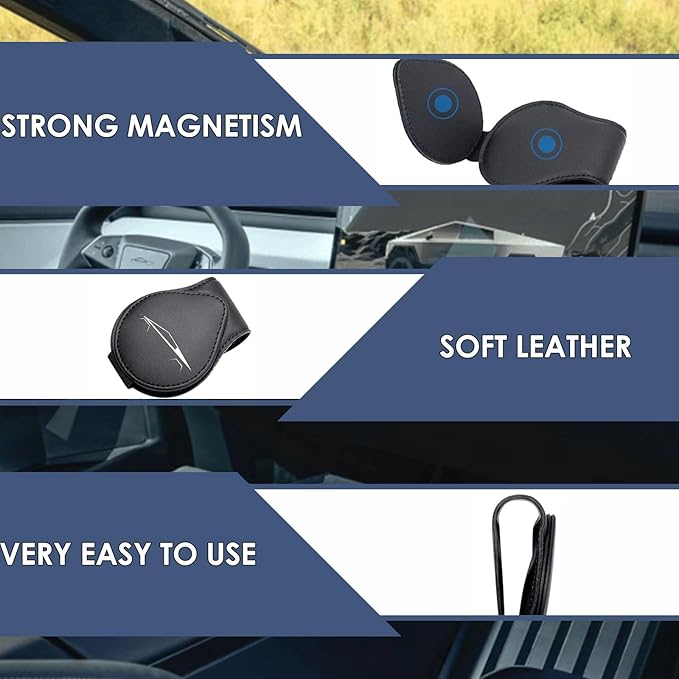 Car Sunglass Holder Compatible with Tesla Cybertruck 2025 2024 Cyberbeast Interior Accessories Organizer Leather Eyeglass Hanger Visor Ticket Card Clip Magnetic Cyber Truck Sunglasses Holders (Black)