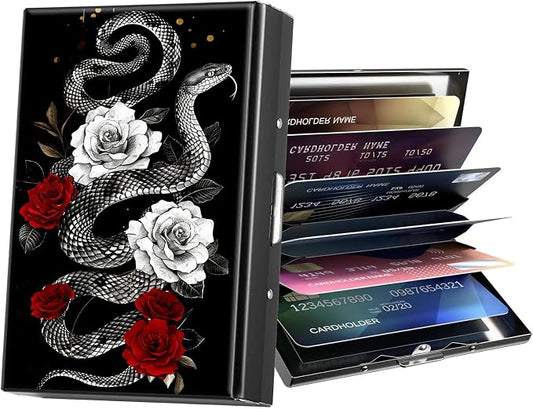 Metal Wallet,Credit Card Holder for Women Men,RFID Blocking Card Holder Wallet Mini Slim Aluminum Wallet ID Case Hard Card Case Business Card Holder Case,Snake Red Flower