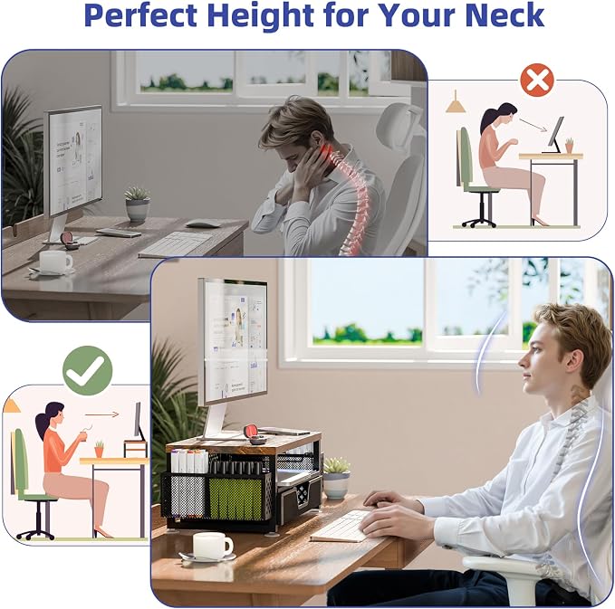 Simple Trending Desk Organizers and Accessories, Computer Monitor Stand Riser with Drawer and 2 Pen Holders, 2-Tier Computer Rack for Home Office, Wood