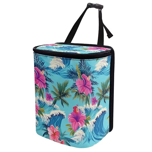 Biyejit Hawaiian Hibiscus Car Trash Can, Adjustable Straps Hanging Storage Organizer Bag, Collapsible Multipurpose Garbage Bin Bag for Car Accessories