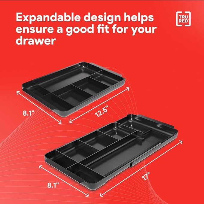 TRU RED Expandable Plastic Drawer Organizer, 7‑Compartment, Black – Adjustable Desk & Drawer Storage for Office Supplies