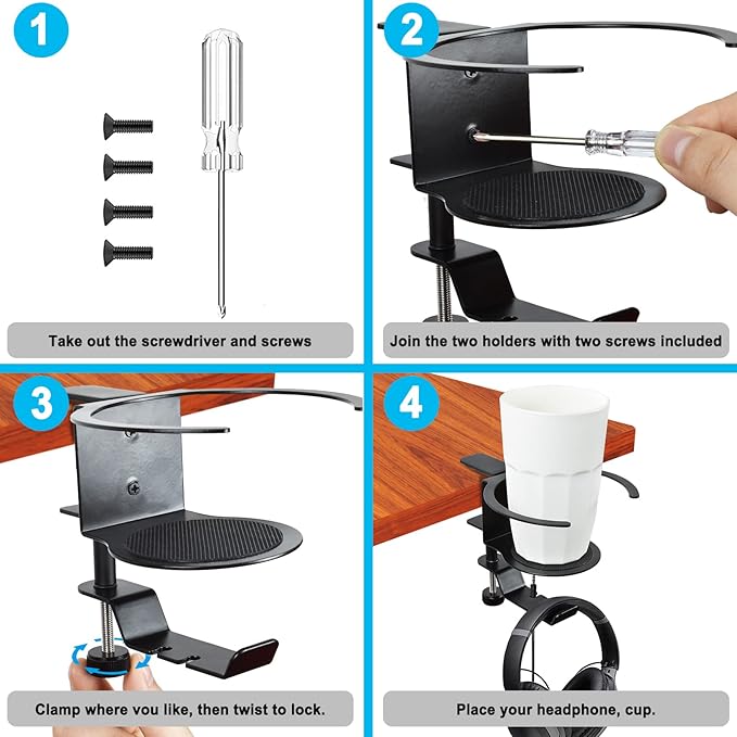 LBTING 2-in-1 Adjustable & 360 Rotating Office Gaming Accessories for Under Desk Headphone Stand, Hanging Headset, Holding Coffee Mug, Drinks, Water Bottle - Black