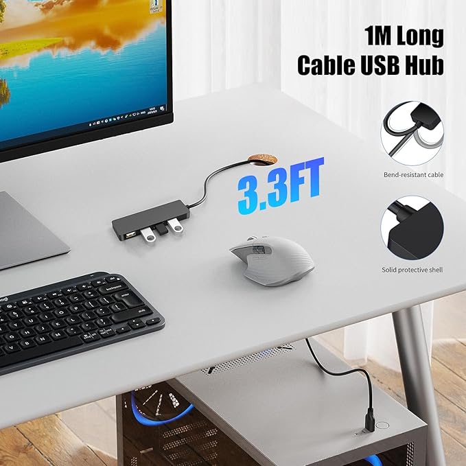 USB Adapter, 4-Port Extender for Laptop, PC, MacBook, Mac Pro, iMac, Surface Pro and More (Black - USB 2.0/1m)