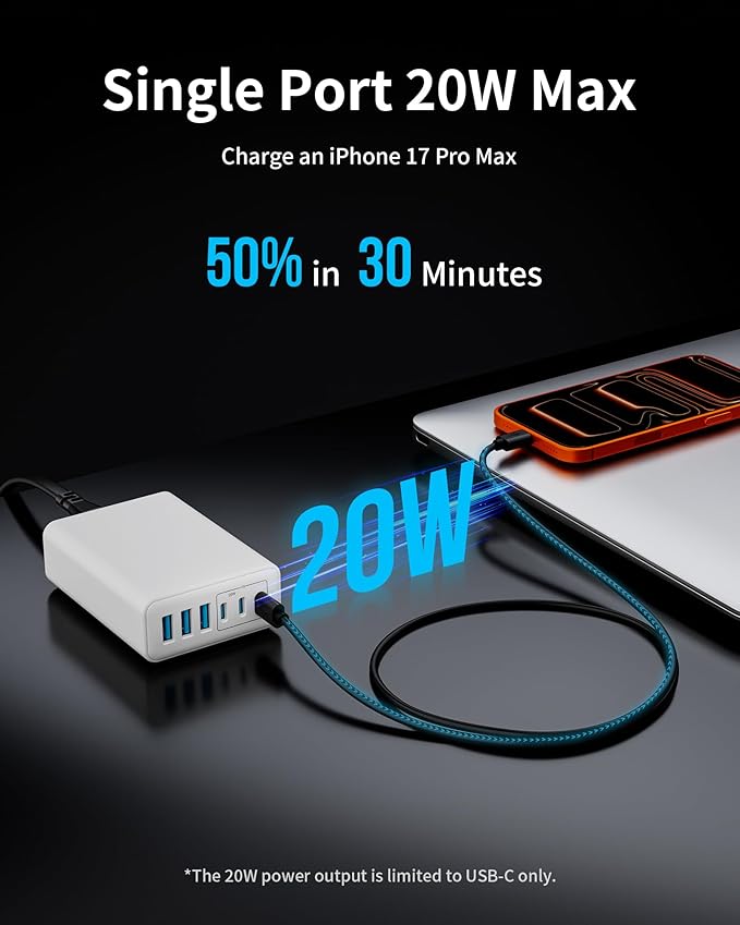 105W USB C Fast Charger, 6-Port Desktop GaN USB Charging Station Hub, USB C Charger Block Wall Charger for iPhone 17/16/15/14/13/12/11, iPad, Samsung and More (Cable Organizer Included)