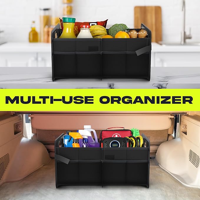 FORTEM Car Trunk Organizer, Collapsible Two Compartment Organizer, Foldable SUV & Truck Storage for Car Accessories for Women Men, Non Slip Bottom, Sturdy Side Walls, Strong Handles, 60L
