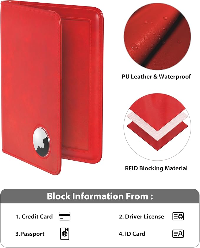 Stouchi AirTag Passport Holder, Simple Passport Holder with Airtag Slot, RFID Passport Wallet Cover for Women, Family Leather Passport Protector Case, Anti-Lost Travel Accessories, Red