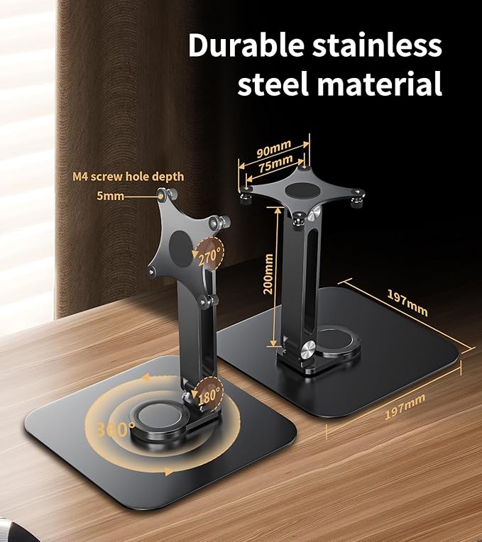 13-17.3" Monitor Stand with 360° Swivel Base, 75mm VESA Single-Arm Mount w/ M4 Screws for Portable Monitor, Adjustable Angle & Tilt & Rotation - Touchscreen Desktop Display Stand (Black)